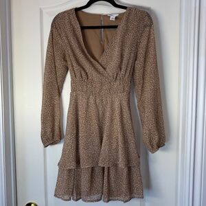 Japna Brown Leopard Print Cottagecore Tiered Dress S Romantic Fall Mini Sheer